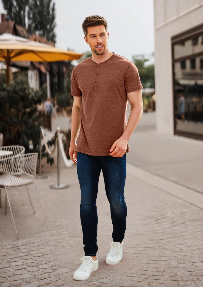 PEGENO Men's Casual Slim Fit Short Sleeve Henley T-Shirts Cotton Shirts VG-Orange-US, Medium - Image 5